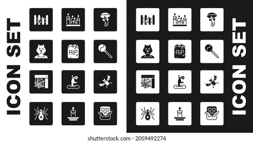 Set Psilocybin mushroom, Tombstone with RIP written, Krampus, heck, Garden fence wooden, Lollipop, Burning candle, Flying bat and Spider web icon. Vector