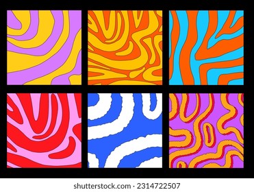 set of - psychedelic 1970s abstract background. Collection vibrant shapes and stripes on a square pattern. Hippie and only good vibes social media template. Funky and groovy card