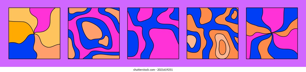 Set psychedelischer Hintergründe im Stil der 70er Jahre mit schmelzenden abstrakten Formen.