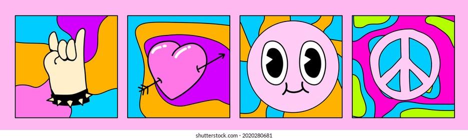 Conjunto de ilustraciones de caricaturas al estilo psicodélico de los años 70: gesto de mano que muestra el signo de los cuernos, el corazón, el símbolo de paz hippy y la cara linda.