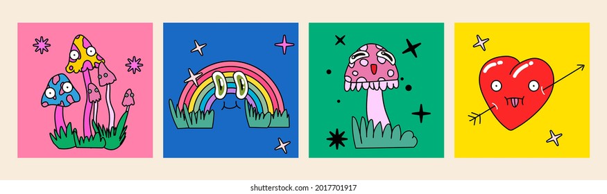Set of psychedelic 70's style posters with cartoon characters: rainbow, heart and mushrooms with eyes.