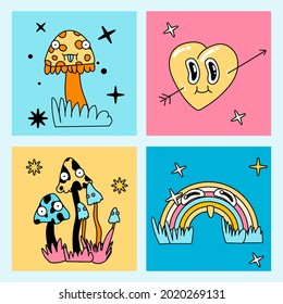 Set aus psychedelischen Plakaten im Stil der 70er Jahre mit Cartoon-Zeichen: Regenbogen, Herz und Pilze mit Augen.