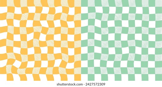 Set of psychedelic Abstract checkerboard Background in 1970s Retro Style. Groovy hippie poster.