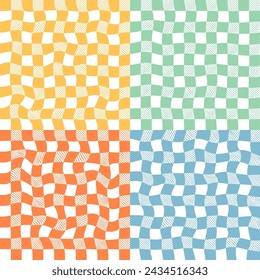 Set of psychedelic Abstract checkerboard Background in 1970s Retro Style. Groovy hippie poster.