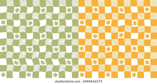 Set of psychedelic Abstract checkerboard Background in 1970s Retro Style. Groovy hippie poster.