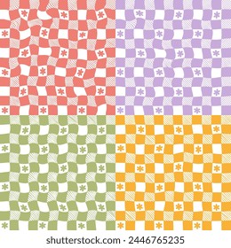 Conjunto de tablero de ajedrez Abstractas psicodélico Fondo en estilo retro de los años 70. Bonito afiche hippie.