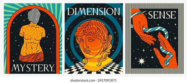 Conjunto de afiches de ácido psicodélico con esculturas antiguas. Cubiertas abstractas espaciales con estatuas griegas. Diseñar elementos para imprimir en camisetas. Colección vectorial plana de dibujos animados aislada en fondo blanco