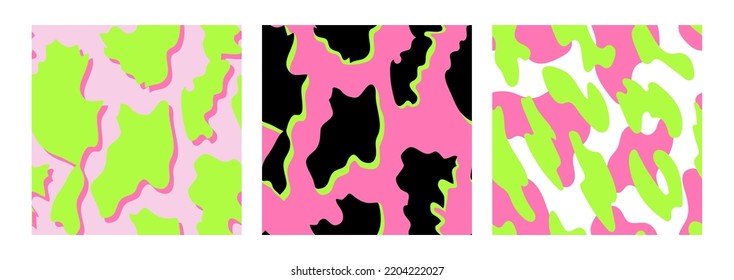 Conjunto de patrones psicodélicos de animales sin soldadura. Fondo vectorial de la piel de vaca en colores de neón. Textura con formas abstractas. Retro, 90, 00, y2k estilo.