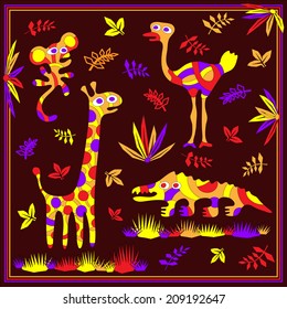 Set psychedelic animals in Africa at night. 