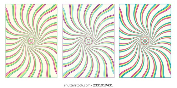 Set of psychedelic background with wavy distorted striped beams from the center 60s hippie wallpaper design. Colourful swirl, burst. For groovy, retro, pop art style With clipping mask
