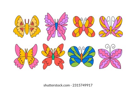 Set of psychedelic butterflies in retro groovy style. Vector illustration in isolated background. Hippie 1970 aesthetic