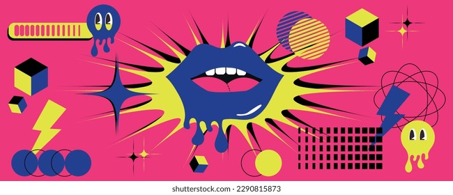 Set von psychedelischen Cartoon Lippen, geometrischen Elementen. Lippen der modernen Charakter Flüssigkeit Textur, Zunge, Sterne, Würfel, Form. Crazy Vektordesign.