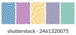 Set of psychedelic checkerboard background with warped grid tile, tunnel, spiral and swirl. Checkered seamless geometric pattern in groovy y2k style. Chessboard poster with twisted or distorted effect