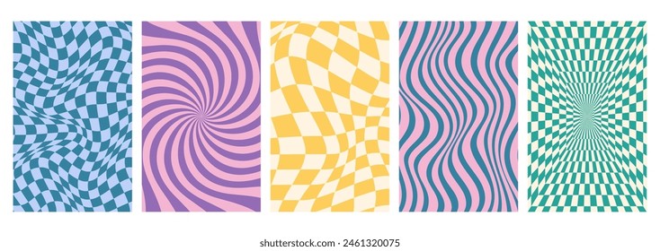 Set of psychedelic checkerboard background with warped grid tile, tunnel, spiral and swirl. Checkered seamless geometric pattern in groovy y2k style. Chessboard poster with twisted or distorted effect