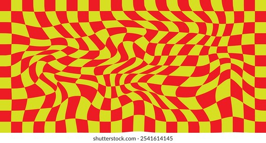 Conjunto de fundo xadrez psicodélico com telha de grade deformada, túnel, espiral e redemoinho. Padrão geométrico sem emenda quadriculado no estilo groovy2k. Cartaz de xadrez com efeito torcido ou distorcido