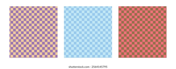 Set of psychedelic checkerboard background with warped grid tile, tunnel, spiral and swirl. Checkered seamless geometric pattern in groovy y2k style. Chessboard poster with twisted or distorted effect