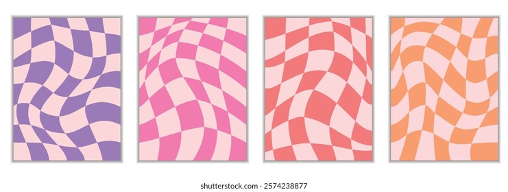Set of psychedelic checkerboard background with warped grid tile. Vector illustration