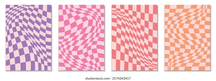 Set of psychedelic checkerboard background with warped grid tile. Vector illustration