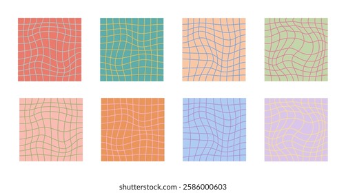 Set of psychedelic checkerboard grids. Visually striking design featuring pastel colors, trippy geometric shapes groovy style. Optical illusions retro graphic mesmerizing visual vector illustration