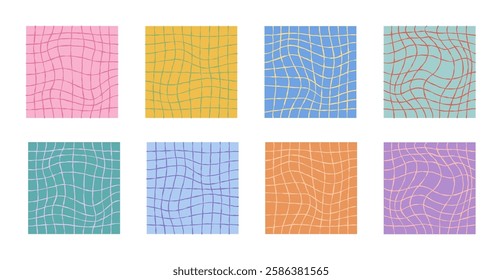 Set of psychedelic checkerboard grids. Visually striking design featuring pastel colors, trippy geometric shapes groovy style. Optical illusions retro graphic mesmerizing visual vector illustration