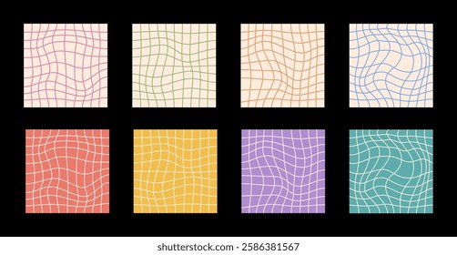 Set of psychedelic checkerboard grids. Visually striking design featuring pastel colors, trippy geometric shapes groovy style. Optical illusions retro graphic mesmerizing visual vector illustration