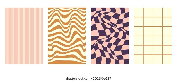 Set of psychedelic checkerboard, mesh and wavy prints. Y2K style. Pack of vector retro, funky abstract backgrounds