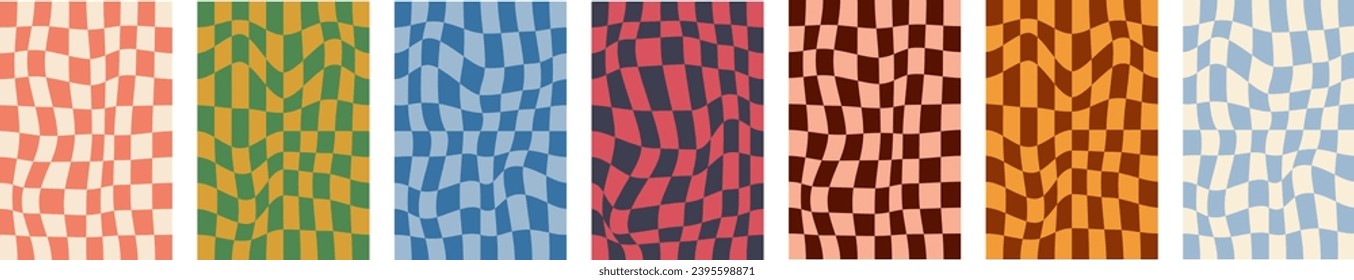 Set of psychedelic checkerboards, abstract groovy background in retro style