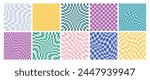 Set of psychedelic checkerboards with distorted grid tile. Groovy checkered seamless patterns in trendy y2k style. Funky hippie gingham wallpaper. Retro chessboard with surreal wavy geometric shapes.