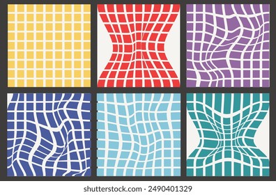Set of psychedelic checkerboards with distorted grid tile. Groovy checkered seamless patterns in trendy y2k style. Funky hippie gingham wallpaper. Retro chessboard with surreal wavy geometric shapes.