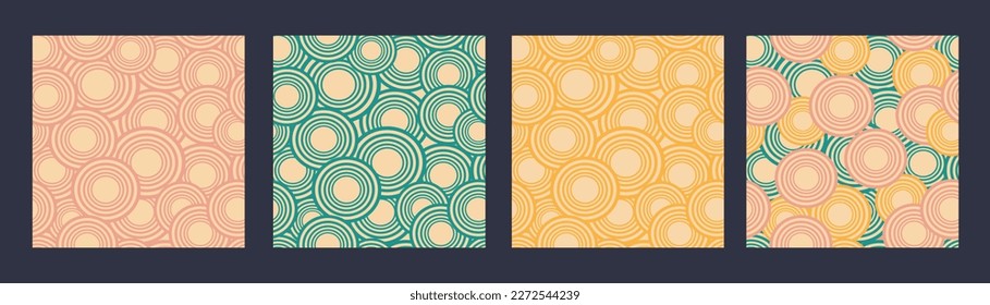 Set of Psychedelic Circles Pattern in Four Pastel Colors. Groovy Circles Seamless Repeat Pattern Design. Perfect for all kinds of Fabric. 70s Trendy Pattern