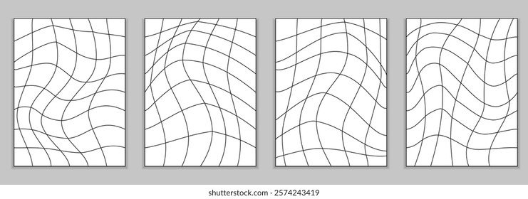A set of psychedelic draughts backgrounds with a deformed mesh. Black and white line. Vector