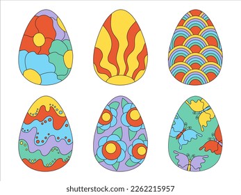 Set psychedelic easter eggs in retro style 60s 70s. For decor, print, card. Old classic cartoon style. Flat vector illustration