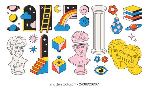 Satz von psychedelischen Elementen, griechische antike Statuen, antike Säule, Emoji, geometrische Figuren, surreale Elemente, Objekte