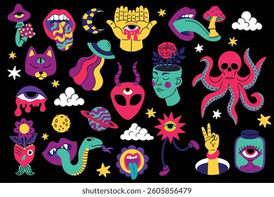 Set of psychedelic elements.Large collection of trendy bright elements,psychedelic mushrooms,head,eyes,lips.Cartoon vector illustration