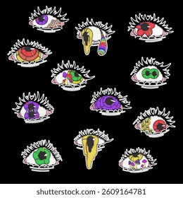 A set of psychedelic eyes of different colors, psychedelic stickers, eyes with mushrooms inside, eyes with emoticons, eyes with flowers, crazy pictures