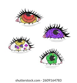 A set of psychedelic eyes of different colors, psychedelic stickers, eyes with mushrooms inside, crazy pictures