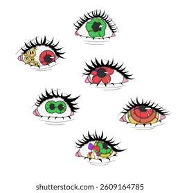 A set of psychedelic eyes of different colors, psychedelic stickers, eyes with mushrooms inside, eyes with emoticons, crazy pictures