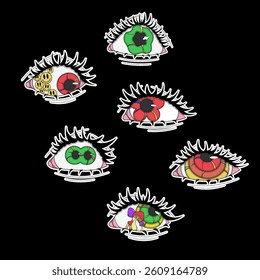 A set of psychedelic eyes of different colors, psychedelic stickers, eyes with mushrooms inside, eyes with emoticons, crazy pictures