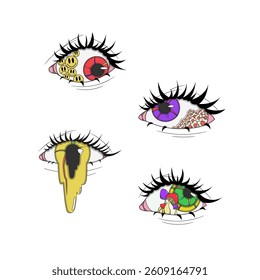 A set of psychedelic eyes of different colors, psychedelic stickers, eyes with mushrooms inside, eyes with emoticons, eyes with flowers, crazy pictures