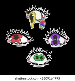 A set of psychedelic eyes of different colors, psychedelic stickers, crazy pictures