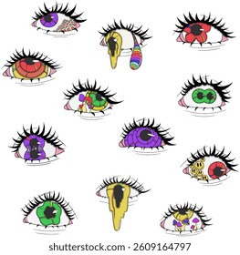 A set of psychedelic eyes of different colors, psychedelic stickers, eyes with mushrooms inside, eyes with emoticons, eyes with flowers, crazy pictures