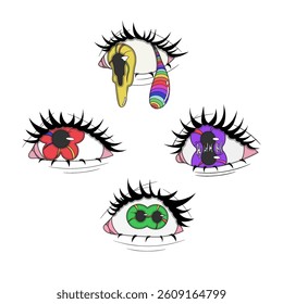 A set of psychedelic eyes of different colors, psychedelic stickers, crazy pictures