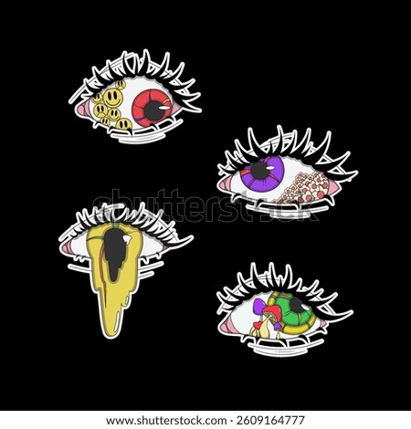 A set of psychedelic eyes of different colors, psychedelic stickers, eyes with mushrooms inside, eyes with emoticons, eyes with flowers, crazy pictures