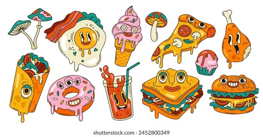 Set of psychedelic fast food stickers. Groovy acid elements with pizza, burger, sandwich, donut and cocktail with eyes. Food with funny faces. Cartoon flat vector collection isolated on background