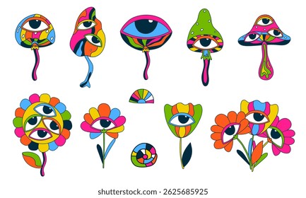 Set of psychedelic flowers and mushrooms with eyes. Fantasy and surreal design for stickers or prints.