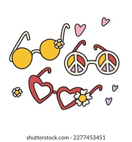 Set of psychedelic glasses in retro hippie style. Classic Woodstock Sixties Subculture Clothes.