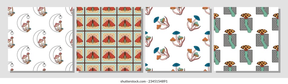 Set of psychedelic groovy mushrooms patterns. Seamless repeatable background, digital paper, banner. Retro vintage bohemian autumn, fall. Retro colors.