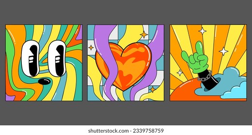 Set of psychedelic groovy style posters with heart, eyes and hand.  Bright groovy posters 70s, vintage prints. Bright hippie characters and retro elements.