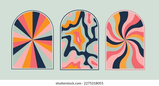 Set of Psychedelic groovy swirl frames and decor. Trendy 1960s and 1970s style illustration vector. 