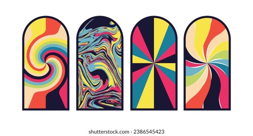 Set of Psychedelic groovy swirl frames and decor in yellow blue orange and pink. Trendy 1960s and 1970s style illustration vector.
